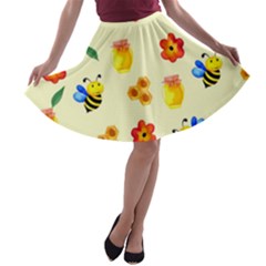 Seamless Honey Bee Texture Flowers Nature Leaves Honeycomb Hive Beekeeping Watercolor Pattern A-line Skater Skirt by Maspions