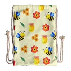 Seamless Honey Bee Texture Flowers Nature Leaves Honeycomb Hive Beekeeping Watercolor Pattern Drawstring Bag (large) by Maspions