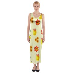 Seamless Honey Bee Texture Flowers Nature Leaves Honeycomb Hive Beekeeping Watercolor Pattern Fitted Maxi Dress