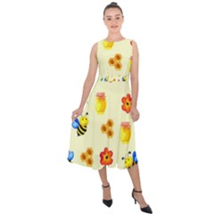 Seamless Honey Bee Texture Flowers Nature Leaves Honeycomb Hive Beekeeping Watercolor Pattern Midi Tie-back Chiffon Dress