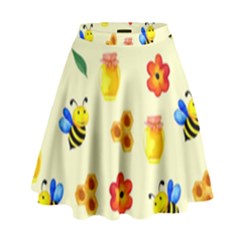 Seamless Honey Bee Texture Flowers Nature Leaves Honeycomb Hive Beekeeping Watercolor Pattern High Waist Skirt by Maspions