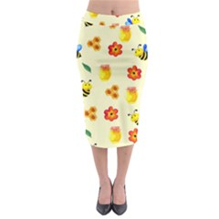 Seamless Honey Bee Texture Flowers Nature Leaves Honeycomb Hive Beekeeping Watercolor Pattern Midi Pencil Skirt