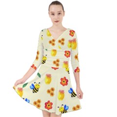 Seamless Honey Bee Texture Flowers Nature Leaves Honeycomb Hive Beekeeping Watercolor Pattern Quarter Sleeve Front Wrap Dress