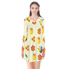 Seamless Honey Bee Texture Flowers Nature Leaves Honeycomb Hive Beekeeping Watercolor Pattern Long Sleeve V-neck Flare Dress