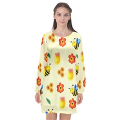 Seamless Honey Bee Texture Flowers Nature Leaves Honeycomb Hive Beekeeping Watercolor Pattern Long Sleeve Chiffon Shift Dress 