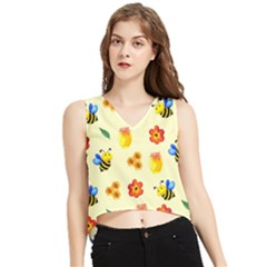 Seamless Honey Bee Texture Flowers Nature Leaves Honeycomb Hive Beekeeping Watercolor Pattern V-neck Cropped Tank Top