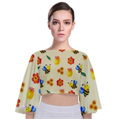 Seamless Honey Bee Texture Flowers Nature Leaves Honeycomb Hive Beekeeping Watercolor Pattern Tie Back Butterfly Sleeve Chiffon Top