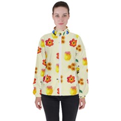 Seamless Honey Bee Texture Flowers Nature Leaves Honeycomb Hive Beekeeping Watercolor Pattern Women s High Neck Windbreaker by Maspions