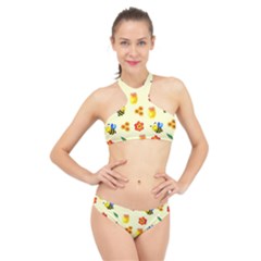 Seamless Honey Bee Texture Flowers Nature Leaves Honeycomb Hive Beekeeping Watercolor Pattern High Neck Bikini Set