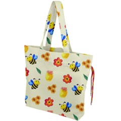 Seamless Honey Bee Texture Flowers Nature Leaves Honeycomb Hive Beekeeping Watercolor Pattern Drawstring Tote Bag by Maspions