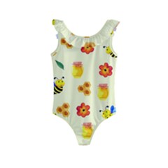 Seamless Honey Bee Texture Flowers Nature Leaves Honeycomb Hive Beekeeping Watercolor Pattern Kids  Frill Swimsuit