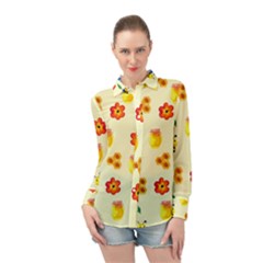 Seamless Honey Bee Texture Flowers Nature Leaves Honeycomb Hive Beekeeping Watercolor Pattern Long Sleeve Chiffon Shirt