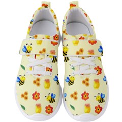 Seamless Honey Bee Texture Flowers Nature Leaves Honeycomb Hive Beekeeping Watercolor Pattern Men s Velcro Strap Shoes by Maspions