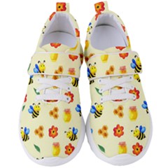 Seamless Honey Bee Texture Flowers Nature Leaves Honeycomb Hive Beekeeping Watercolor Pattern Women s Velcro Strap Shoes by Maspions