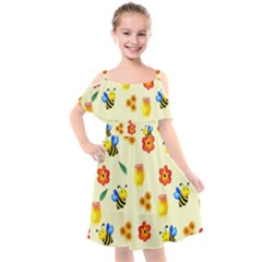 Seamless Honey Bee Texture Flowers Nature Leaves Honeycomb Hive Beekeeping Watercolor Pattern Kids  Cut Out Shoulders Chiffon Dress