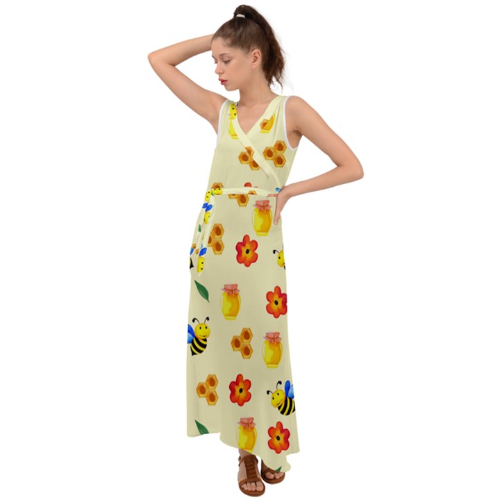 Seamless Honey Bee Texture Flowers Nature Leaves Honeycomb Hive Beekeeping Watercolor Pattern V-Neck Chiffon Maxi Dress