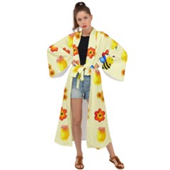 Seamless Honey Bee Texture Flowers Nature Leaves Honeycomb Hive Beekeeping Watercolor Pattern Maxi Kimono