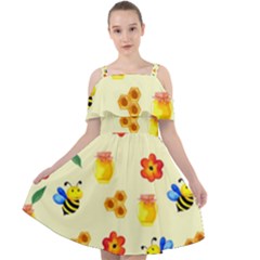 Seamless Honey Bee Texture Flowers Nature Leaves Honeycomb Hive Beekeeping Watercolor Pattern Cut Out Shoulders Chiffon Dress