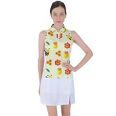 Seamless Honey Bee Texture Flowers Nature Leaves Honeycomb Hive Beekeeping Watercolor Pattern Women s Sleeveless Polo T-shirt