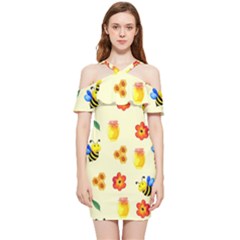 Seamless Honey Bee Texture Flowers Nature Leaves Honeycomb Hive Beekeeping Watercolor Pattern Shoulder Frill Bodycon Summer Dress by Maspions