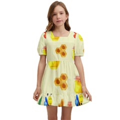 Seamless Honey Bee Texture Flowers Nature Leaves Honeycomb Hive Beekeeping Watercolor Pattern Kids  Short Sleeve Dolly Dress by Maspions