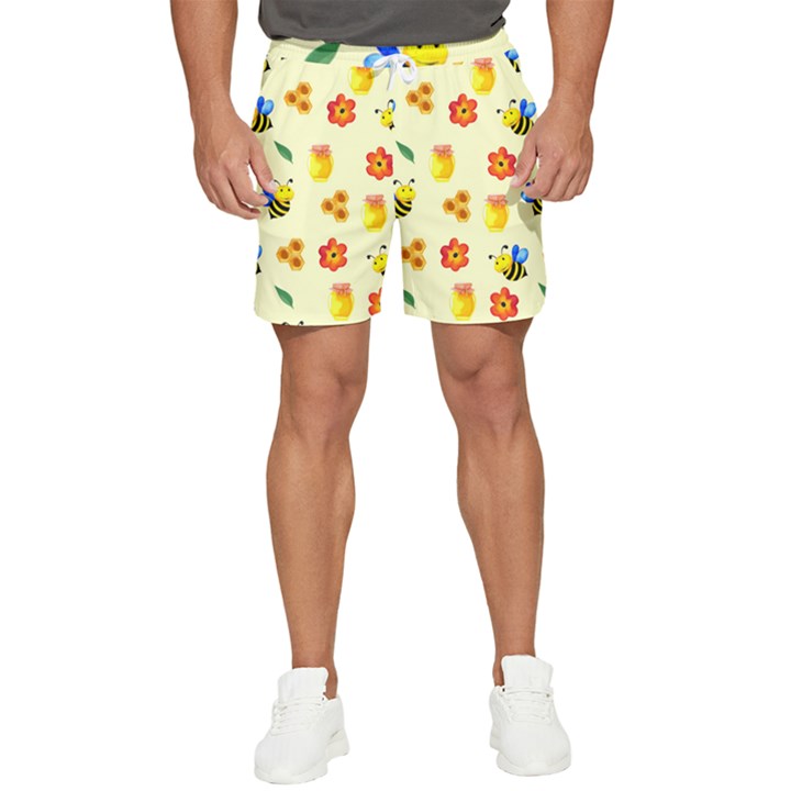 Seamless Honey Bee Texture Flowers Nature Leaves Honeycomb Hive Beekeeping Watercolor Pattern Men s Runner Shorts