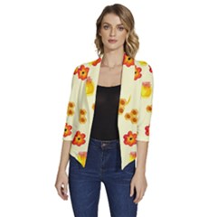 Seamless Honey Bee Texture Flowers Nature Leaves Honeycomb Hive Beekeeping Watercolor Pattern Women s Draped Front 3/4 Sleeve Shawl Collar Jacket by Maspions