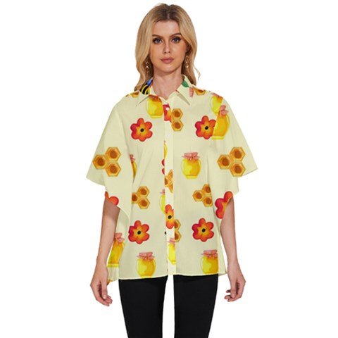 Seamless Honey Bee Texture Flowers Nature Leaves Honeycomb Hive Beekeeping Watercolor Pattern Women s Batwing Button Up Shirt by Maspions