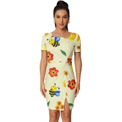 Seamless Honey Bee Texture Flowers Nature Leaves Honeycomb Hive Beekeeping Watercolor Pattern Fitted Knot Split End Bodycon Dress by Maspions