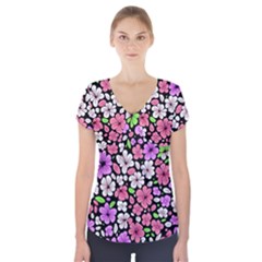 Flowers Floral Pattern Digital Texture Beautiful Short Sleeve Front Detail Top