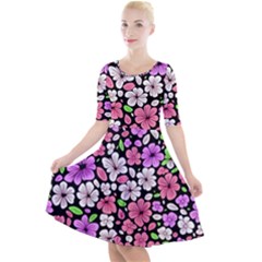 Flowers Floral Pattern Digital Texture Beautiful Quarter Sleeve A-line Dress by Maspions