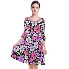 Flowers Floral Pattern Digital Texture Beautiful Quarter Sleeve Waist Band Dress