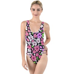 Flowers Floral Pattern Digital Texture Beautiful High Leg Strappy Swimsuit