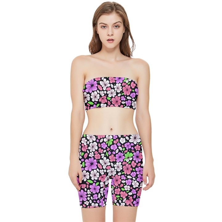 Flowers Floral Pattern Digital Texture Beautiful Stretch Shorts and Tube Top Set