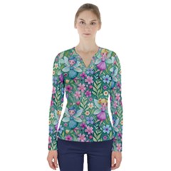 Fairies Fantasy Background Wallpaper Design Flowers Nature Colorful V-neck Long Sleeve Top