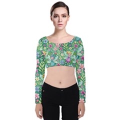 Fairies Fantasy Background Wallpaper Design Flowers Nature Colorful Velvet Long Sleeve Crop Top