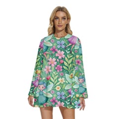 Fairies Fantasy Background Wallpaper Design Flowers Nature Colorful Round Neck Long Sleeve Bohemian Style Chiffon Mini Dress