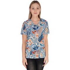 Berries Foliage Seasons Branches Seamless Background Nature Women s V-neck Scrub Top