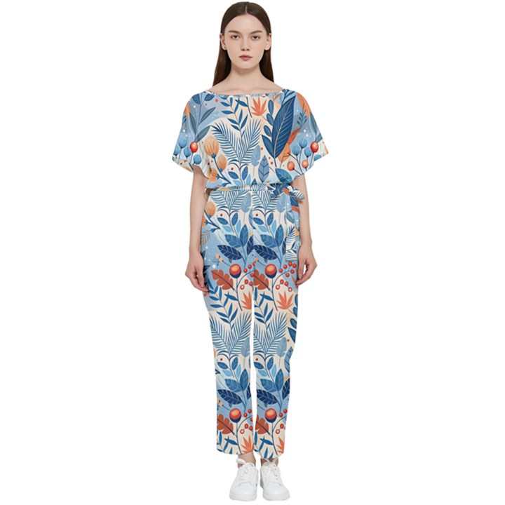 Berries Foliage Seasons Branches Seamless Background Nature Batwing Lightweight Chiffon Jumpsuit