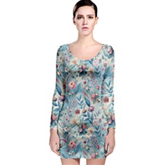 Floral Background Wallpaper Flowers Bouquet Leaves Herbarium Seamless Flora Bloom Long Sleeve Bodycon Dress