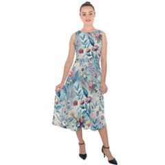 Floral Background Wallpaper Flowers Bouquet Leaves Herbarium Seamless Flora Bloom Midi Tie-back Chiffon Dress