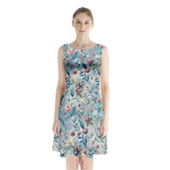 Floral Background Wallpaper Flowers Bouquet Leaves Herbarium Seamless Flora Bloom Sleeveless Waist Tie Chiffon Dress