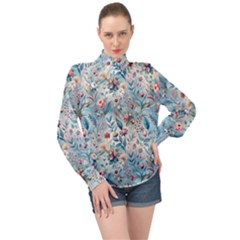 Floral Background Wallpaper Flowers Bouquet Leaves Herbarium Seamless Flora Bloom High Neck Long Sleeve Chiffon Top