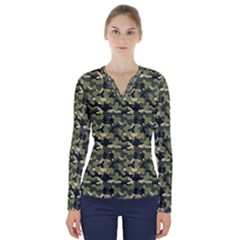 Camouflage Pattern V-neck Long Sleeve Top by goljakoff