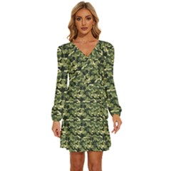 Camouflage Pattern Long Sleeve Waist Tie Ruffle Velvet Dress by goljakoff