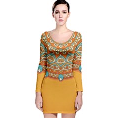 Mandala Orange Long Sleeve Velvet Bodycon Dress