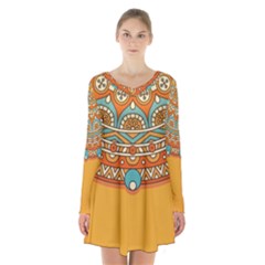 Mandala Orange Long Sleeve Velvet V-neck Dress