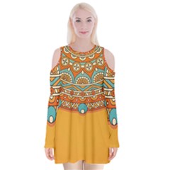 Mandala Orange Velvet Long Sleeve Shoulder Cutout Dress