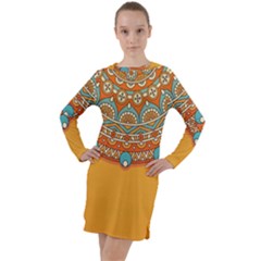 Mandala Orange Long Sleeve Hoodie Dress