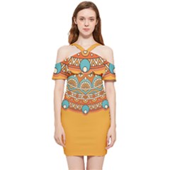 Mandala Orange Shoulder Frill Bodycon Summer Dress by goljakoff